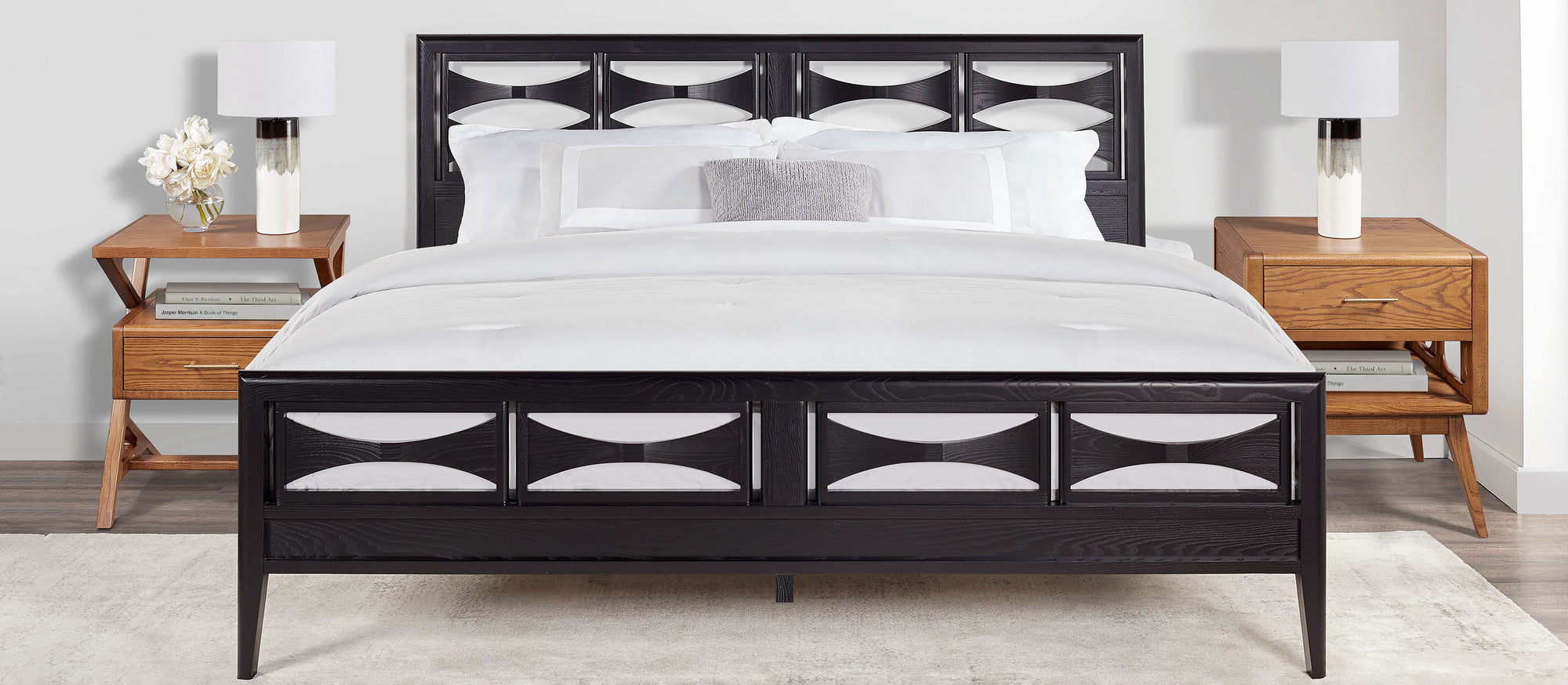 Modern solid Ash platform bed, crafted and finished in lacquered Ebony for a Life Less Ordinary. 