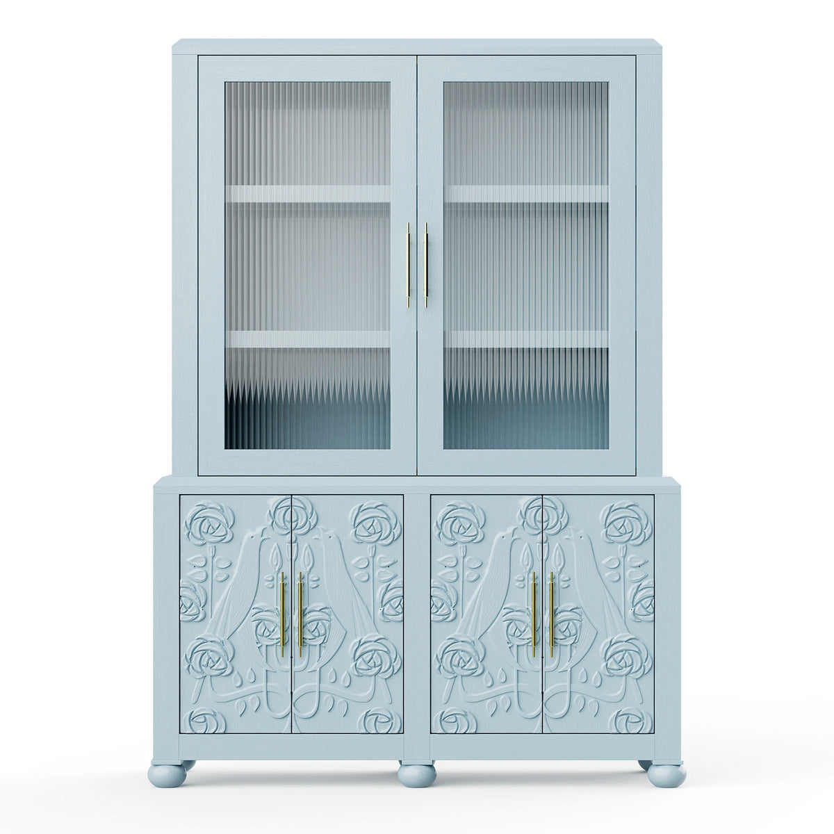 Paloma Storage Cabinet – Carved Solid Oak with Reeded Glass Hutch
