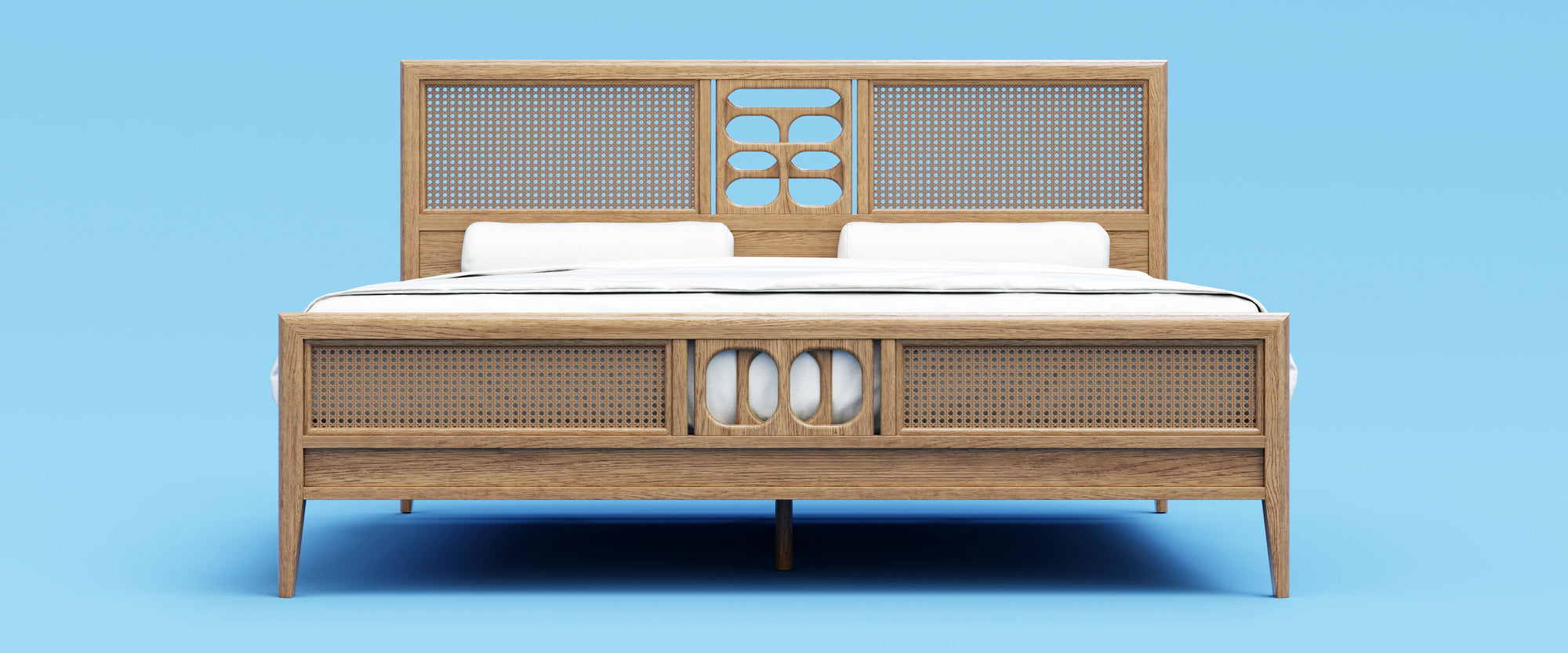 Romantic modern oak wood bed with rattan 