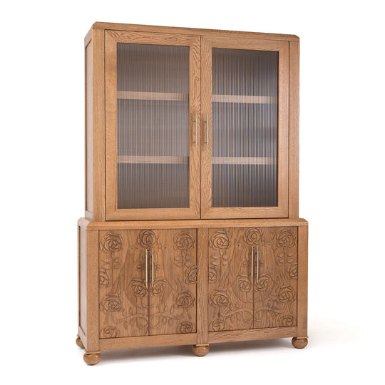 Paloma Storage Cabinet – Carved Solid Oak with Reeded Glass Hutch