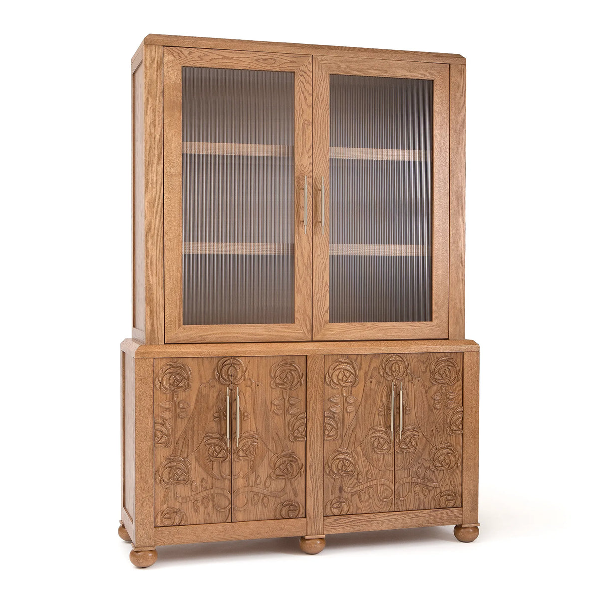 Paloma Storage Cabinet – Carved Solid Oak with Reeded Glass Hutch