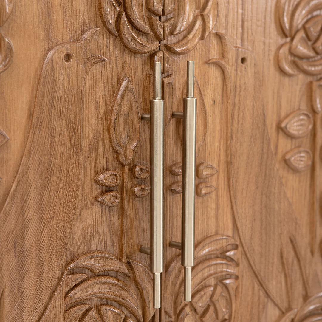 Paloma Storage Cabinet – Carved Solid Oak with Reeded Glass Hutch