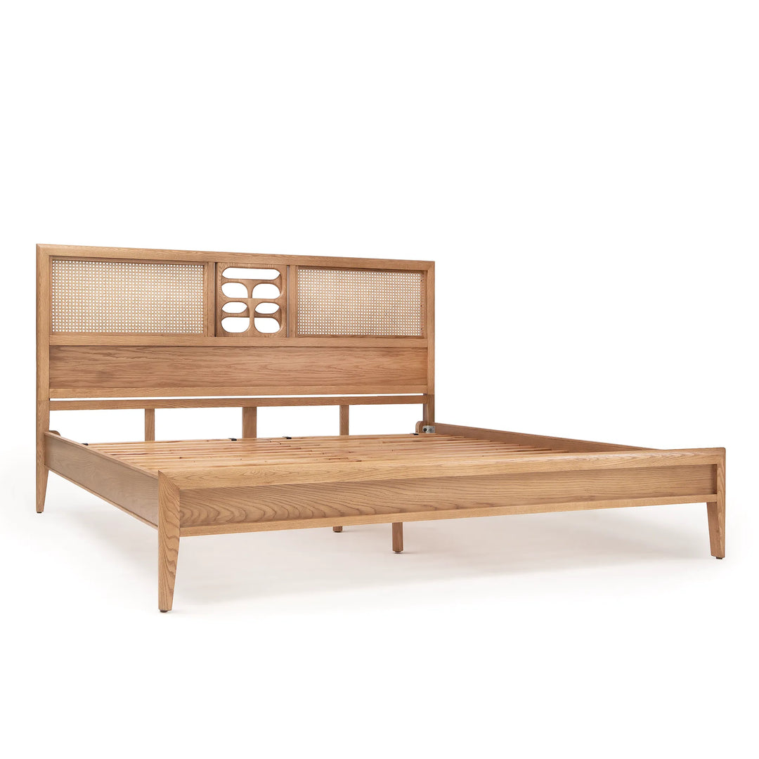 St. Lucia Bed – Low Footboard – Solid Oak with Rattan