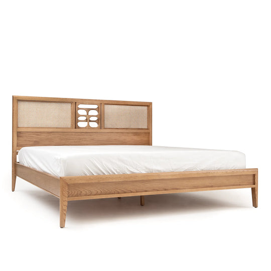 St. Lucia Bed – Low Footboard – Solid Oak with Rattan