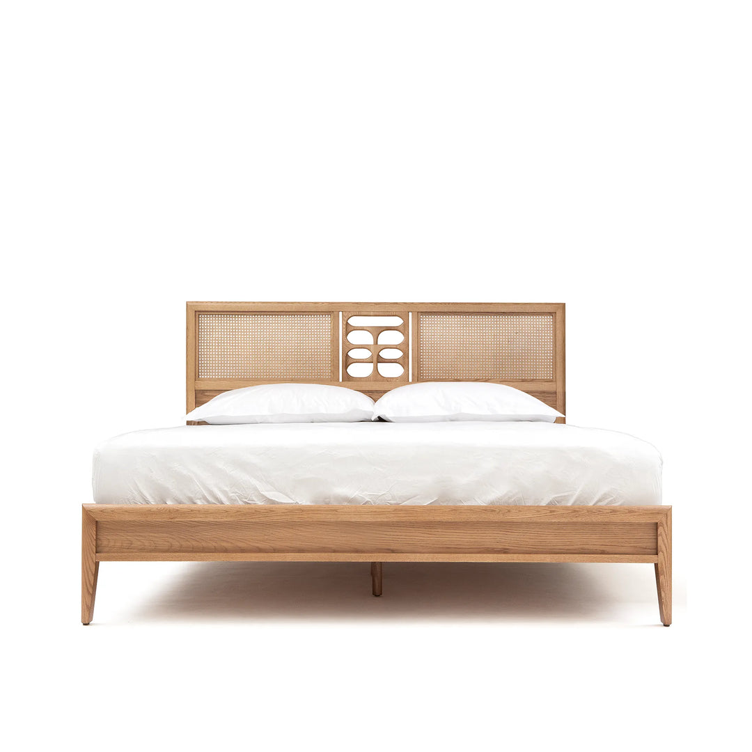 St. Lucia Bed – Low Footboard – Solid Oak with Rattan